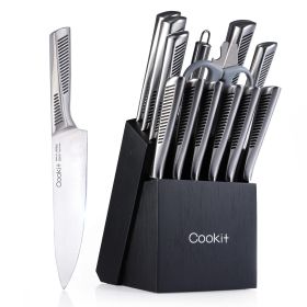 Kitchen Knife Set, 15 Piece Knife Sets with Block, Chef Knives with Non-Slip German Stainless Steel Hollow Handle Cutlery Set with Multifunctiona