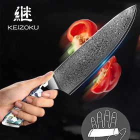 Damascus Steel Chef Knife 8 Inch, Santoku Knife, Boning Knife, Japanese Professional 10Cr15MOV Blade With Hand Forged Hammer Pattern, Ultra Sharp