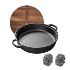 WANGYUANJI 11Cast Iron Wok With Dual Handles And Wooden Lid, Uncoated Frying Pan For Gas And IH, Chinese Thickened Pancake Pan, Stir-frying And I